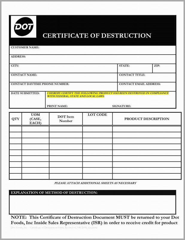 Certificate Of Destruction Template Awesome Certificate Of Destruction Tubidportal Com