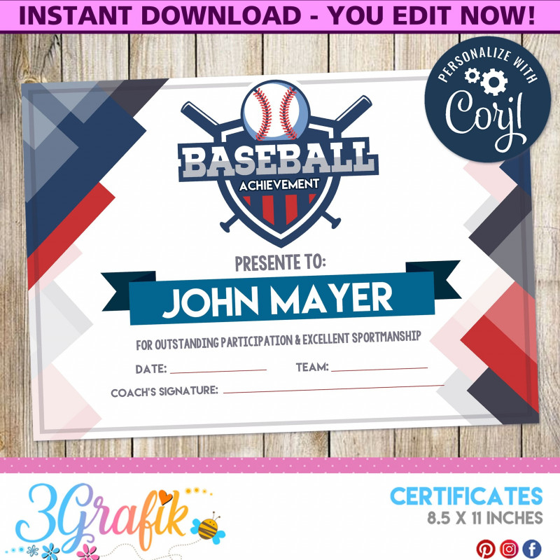 Templates for Certificates Of Participation New Baseball Certificates Baseball Awards Kid Certificates