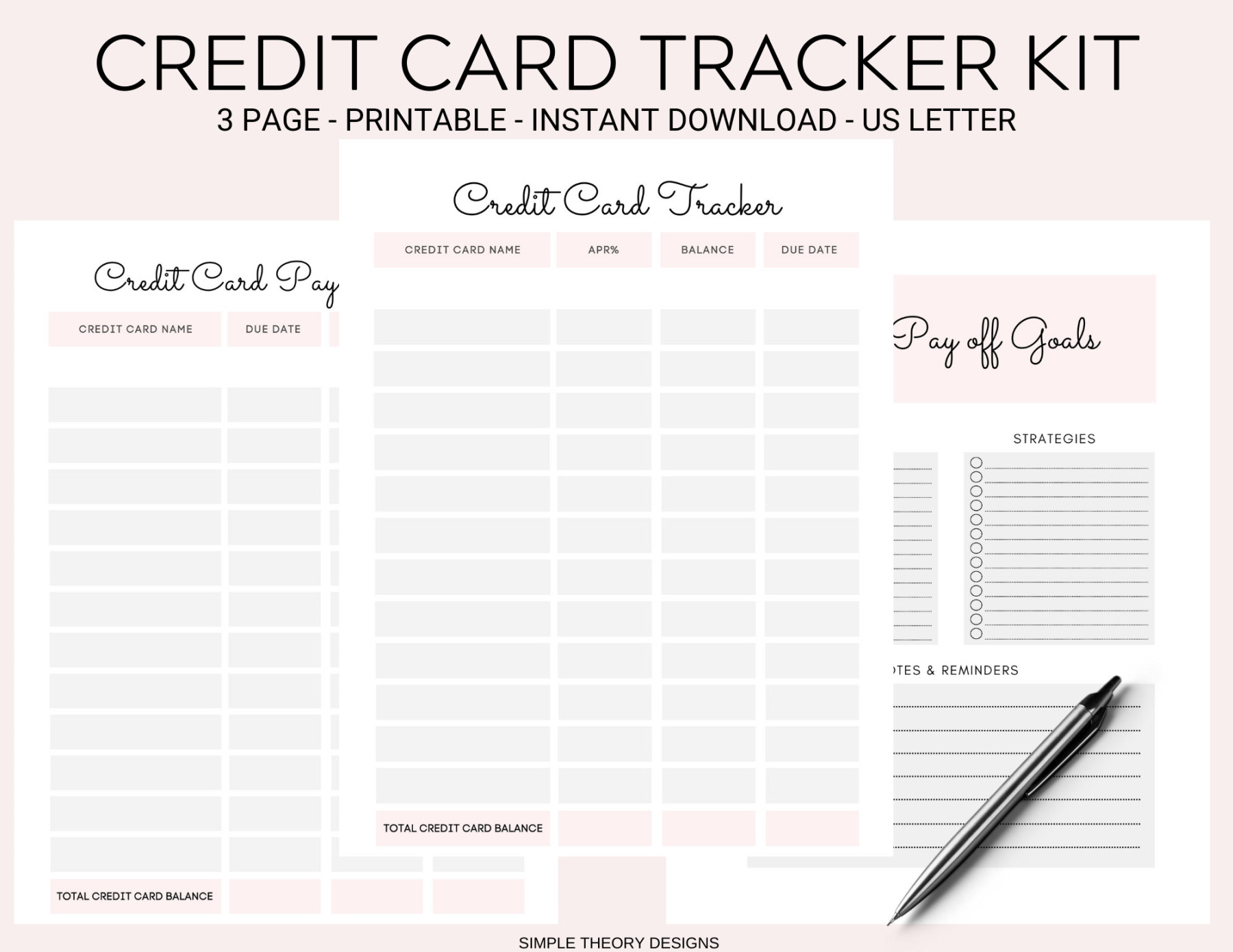 Credit Card Tracker Template Organizer Debt Pay off Kit Set