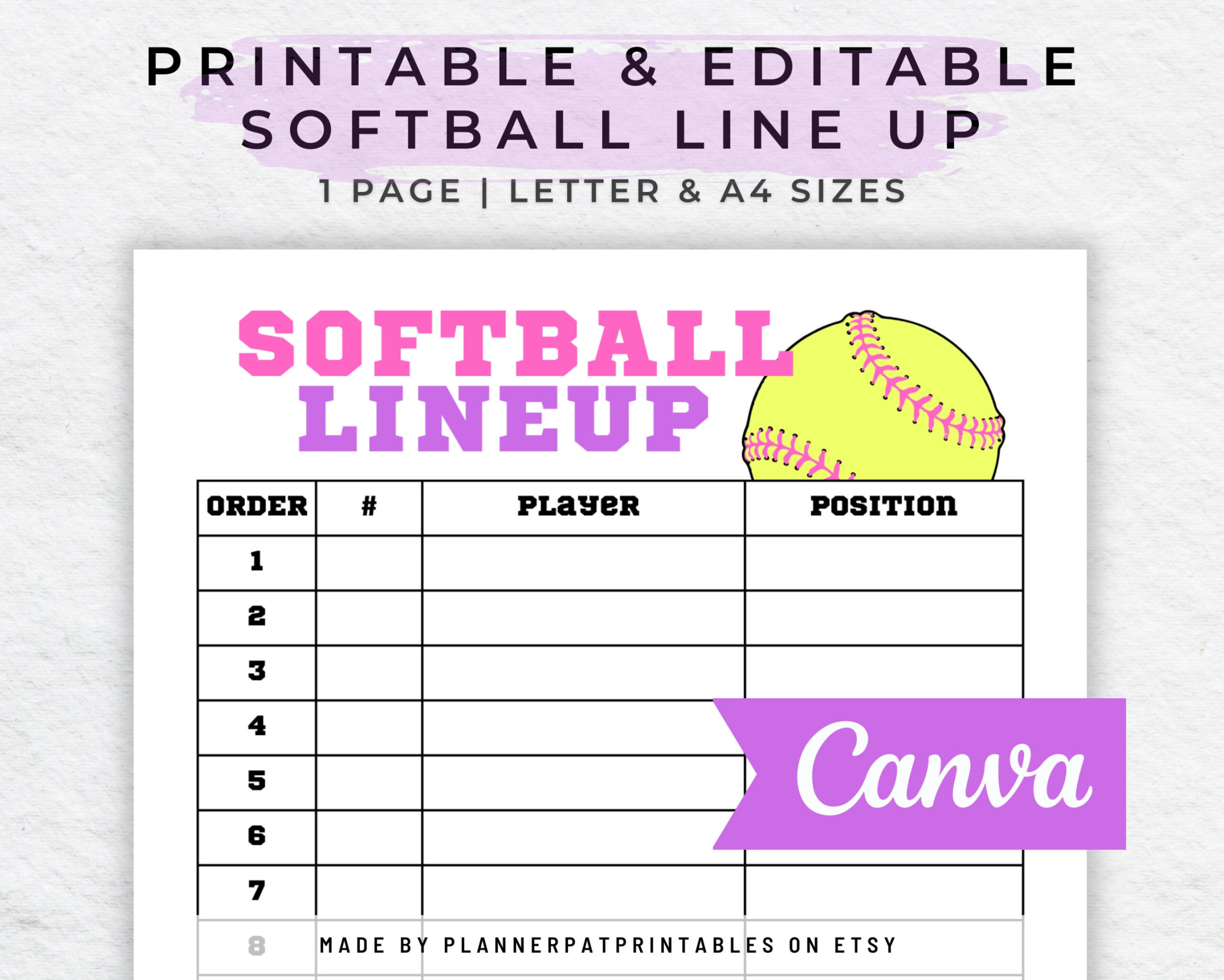 Editable Softball Line up Roster and Batting Order DIY Canva