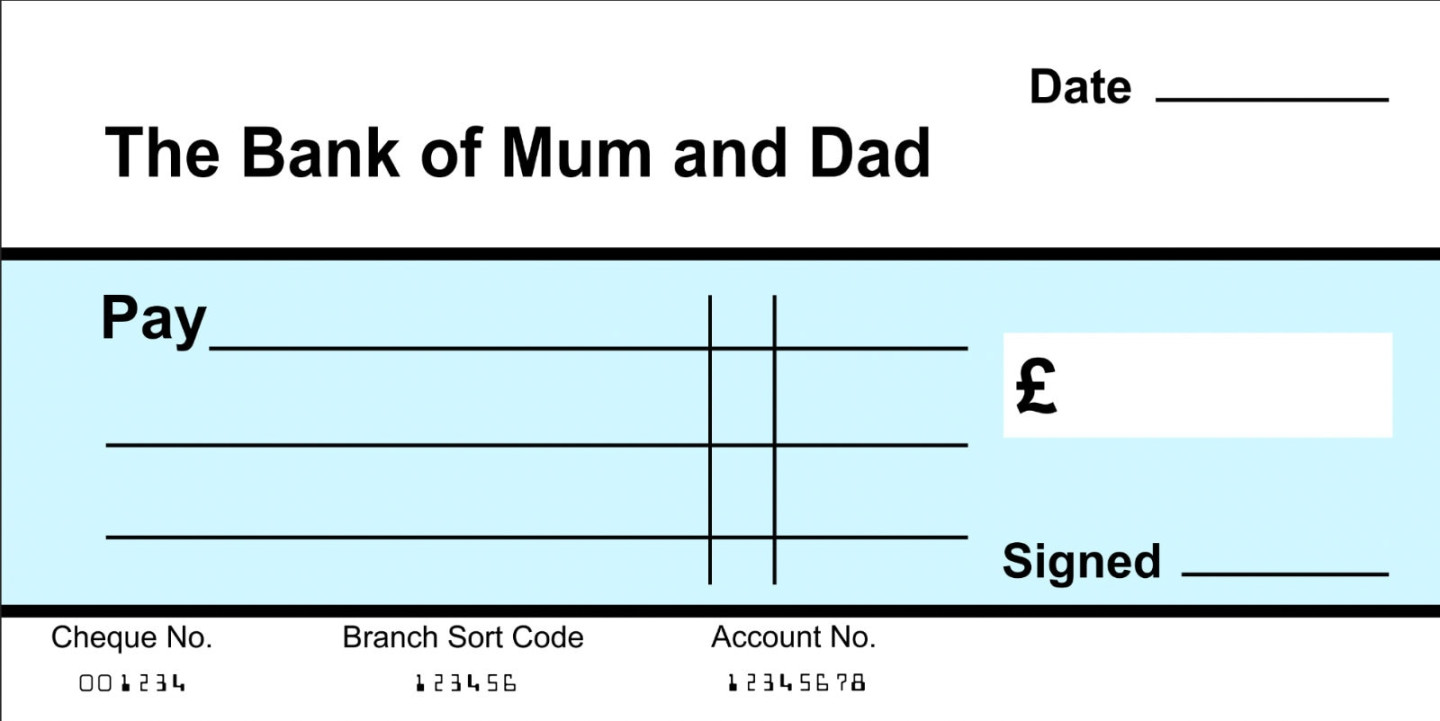 EXTRA Large Giant BLANK Cheque Bank of Mum & Dad Check Fun Joke Gift  Present Re Usable ANY logo can be added