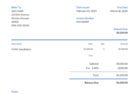 Air Conditioning System Service Invoice