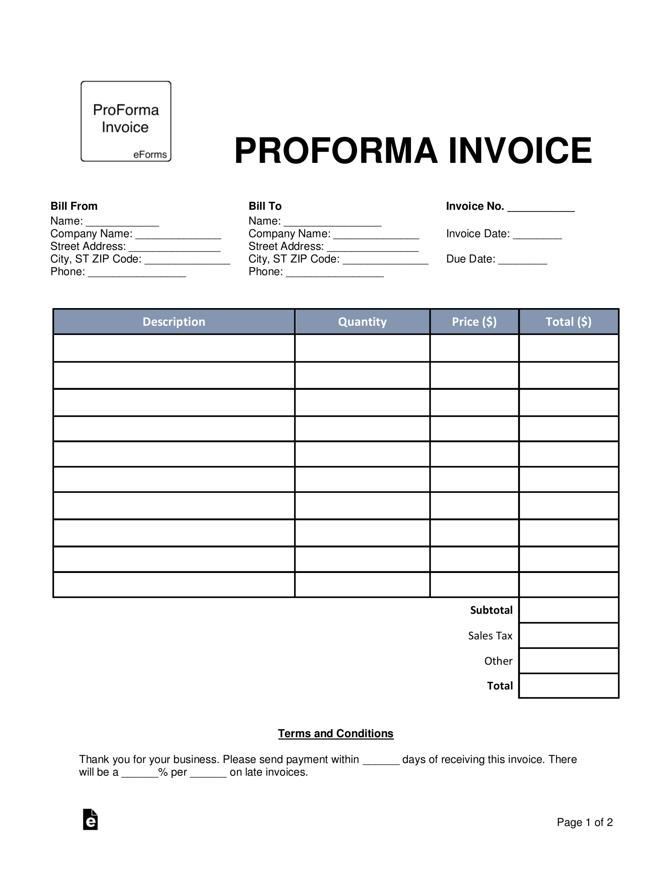 Free ProForma Invoice Template - PDF  Word – eForms