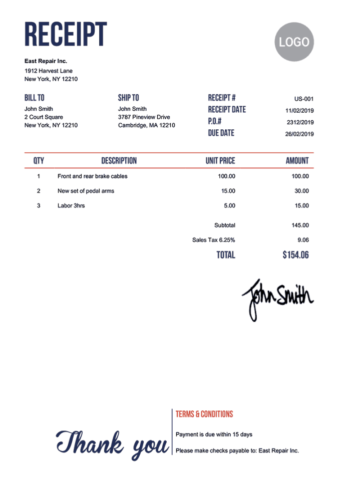 Free Receipt Templates  Print & Email Receipts as PDF