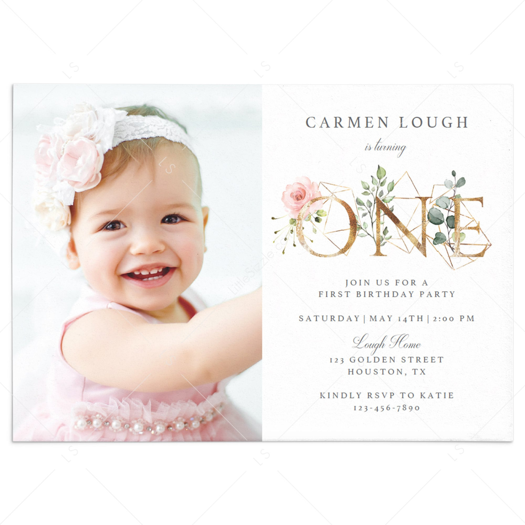 Girl Floral One First Birthday Invitation  Editable Template with Photo