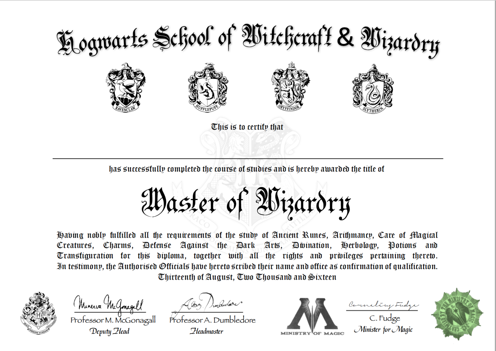 Hogwarts Diploma  PDF  Mythopoeia  Fantasy Novels