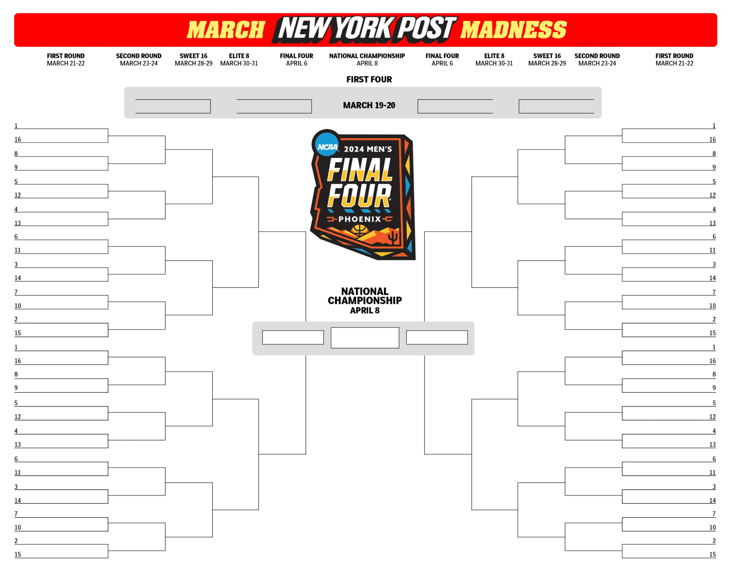 Printable NCAA bracket: Full  March Madness field