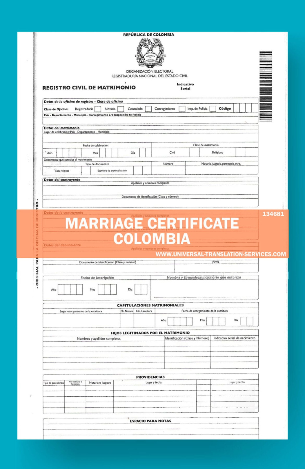 Spanish Marriage Certificate translation template for $