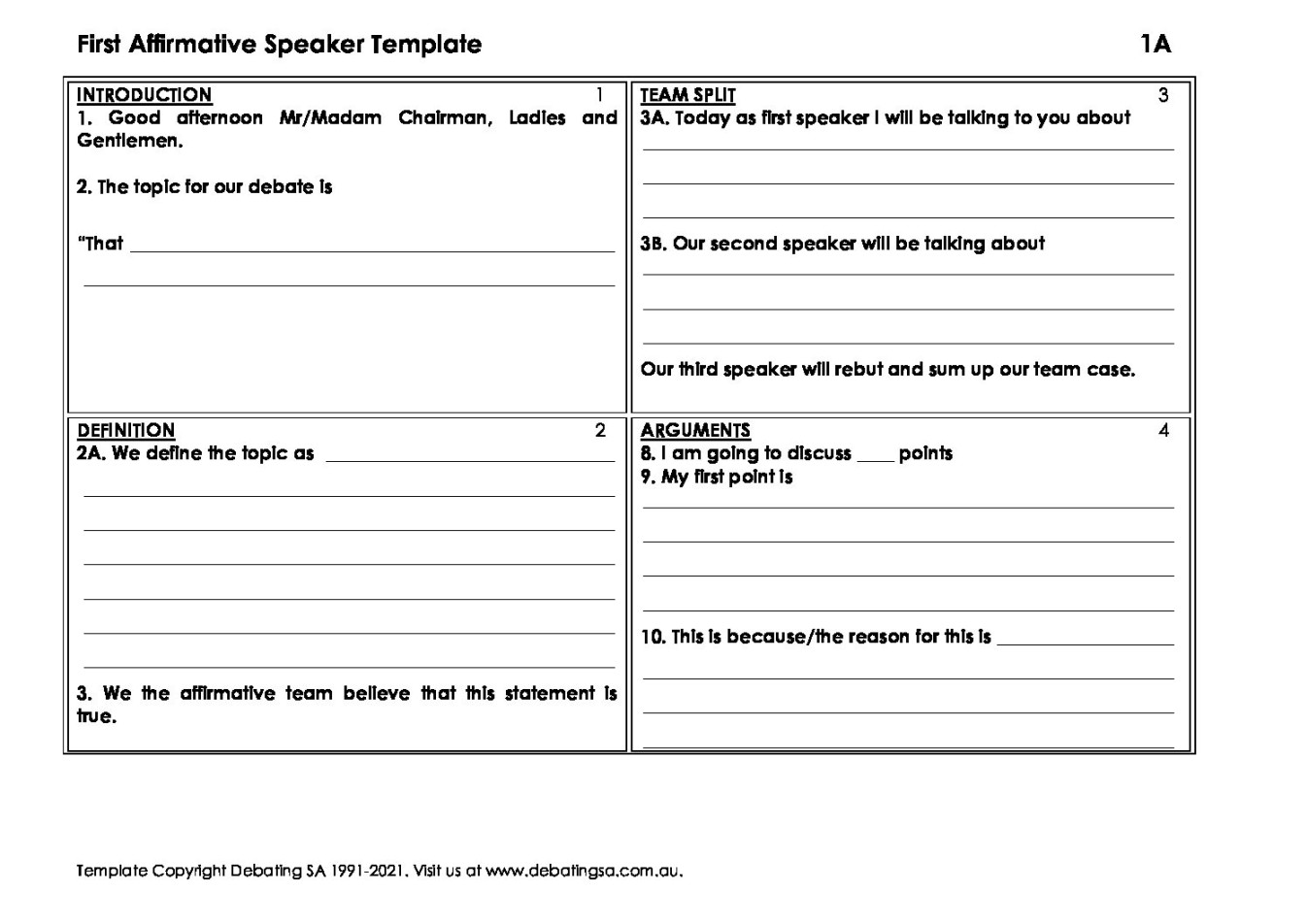 Speech Structure Template - Cue Card Format PDF - Debating SA