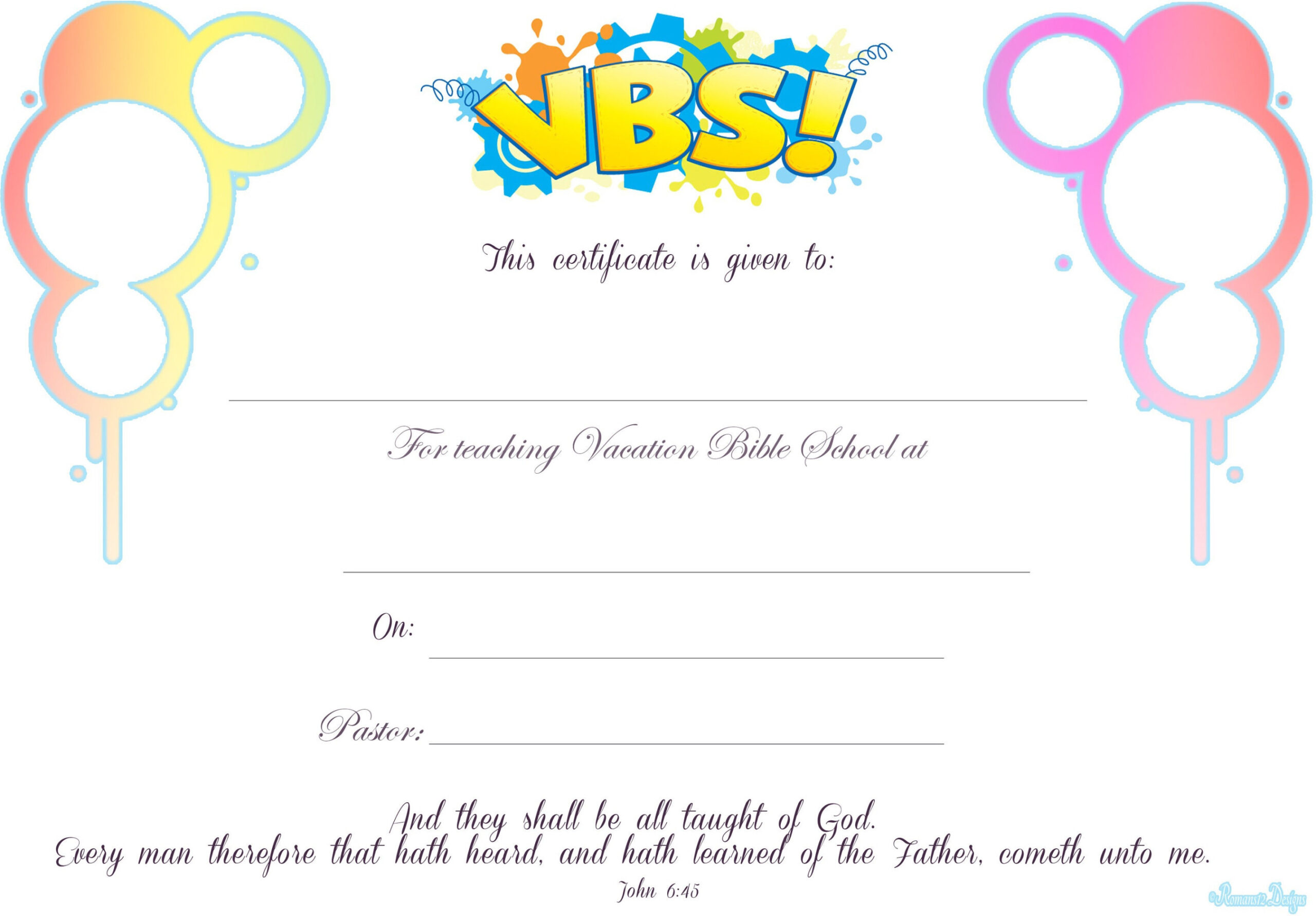 VBS Teacher Certificate PDF Downloadable Printable Reusable