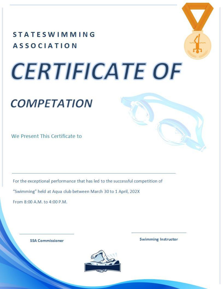 WORD of Simple Blue Swimming Certificate