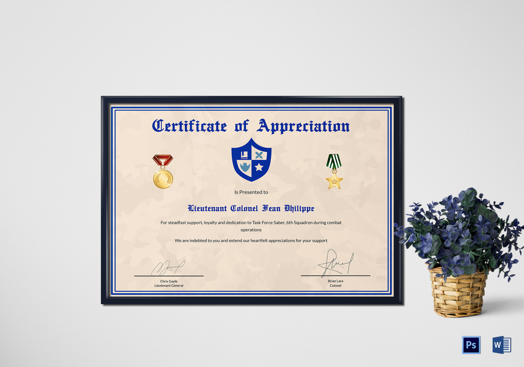 Army Certificate of Appreciation Design Template in PSD, Word