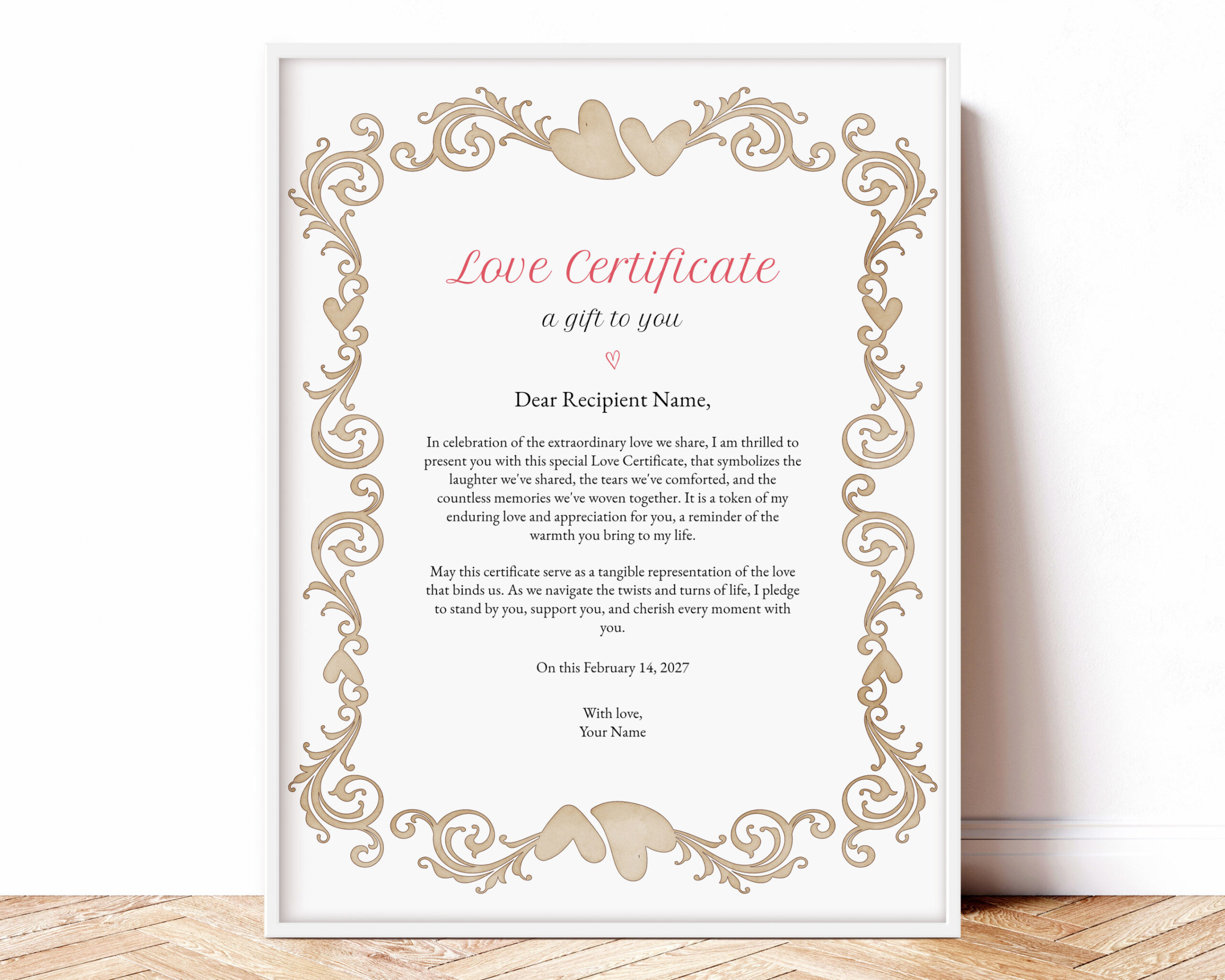 Certificate of Love Couple Gift Keepsake, Personalized Valentines