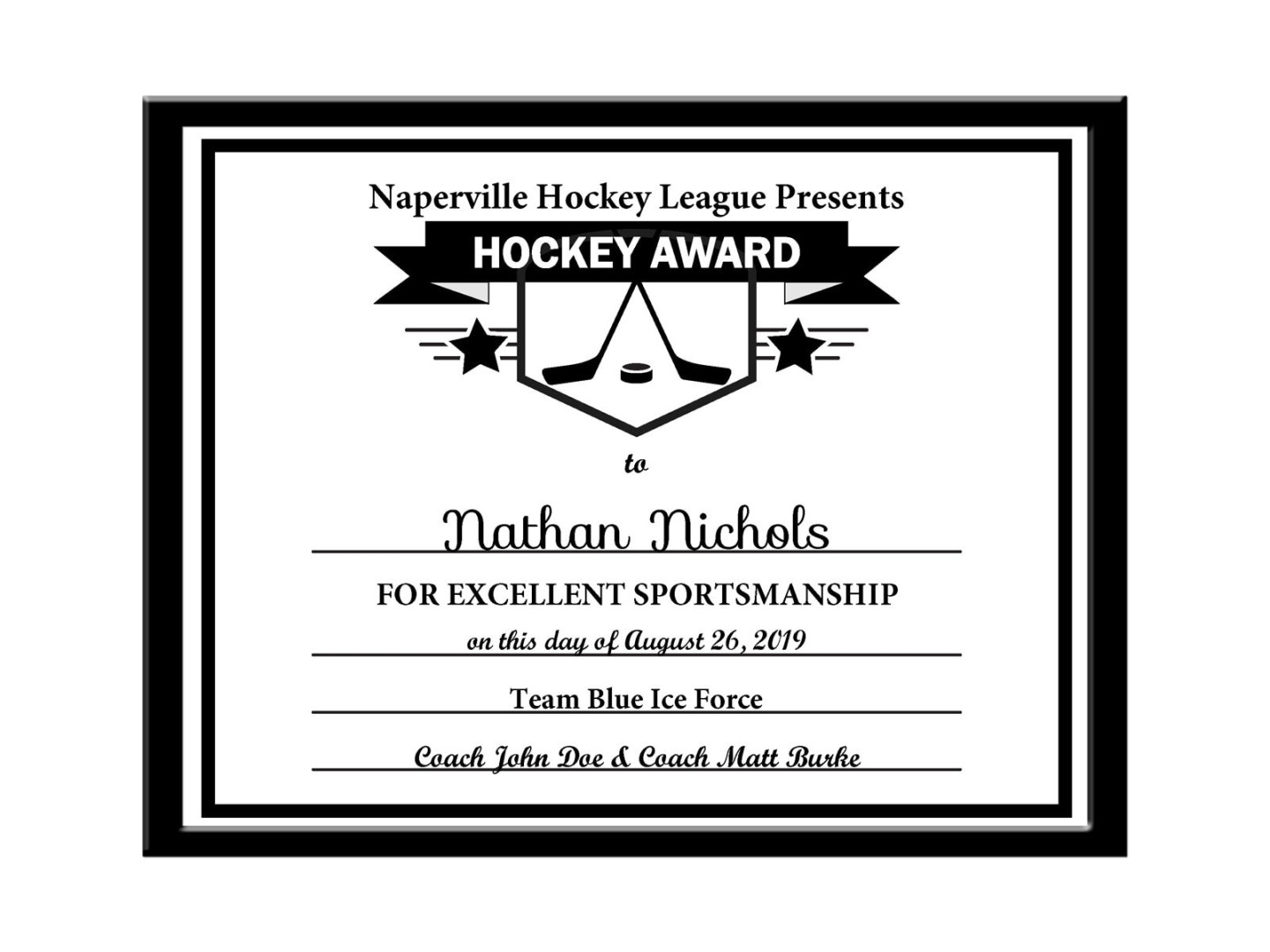 Editable PDF Hockey Sports Team Certificate Award Template Letter